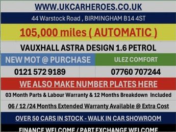 Vauxhall Astra AUTO DESIGN 1.6 PETROL 5 DOOR 115 BHP AUTOMATIC